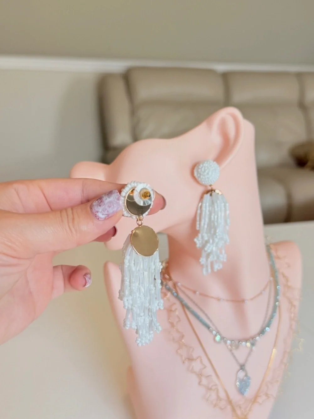 Elegant White Beaded Tassel Drop Earrings